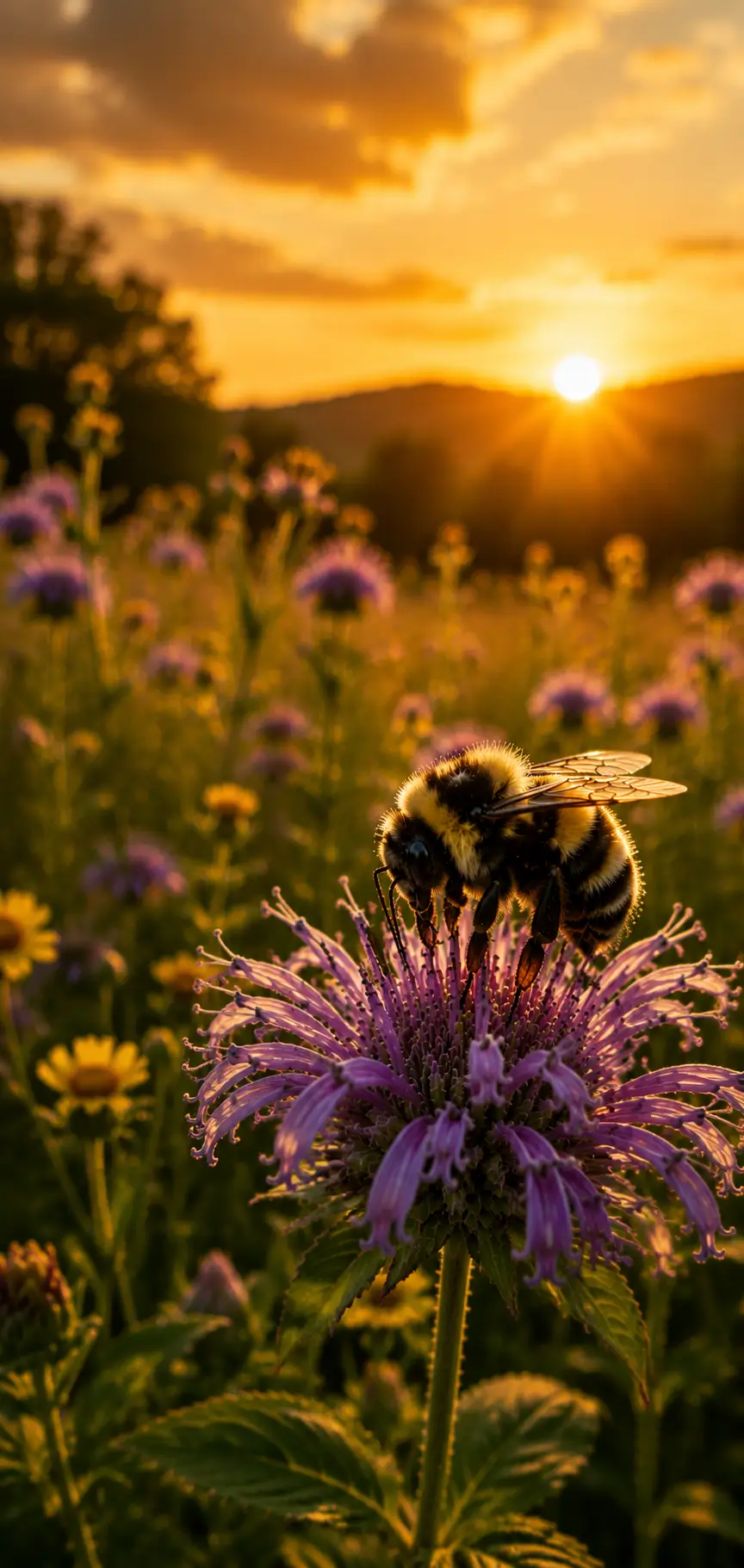 Bee collects nectar on a purple flower at sunset in a sunny field.