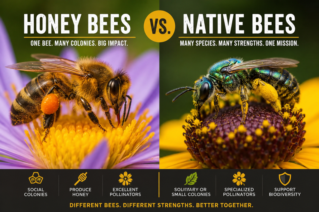 Split image honey bee on a purple flower left and a colorful native bee on a yellow flower right illustrating a bees comparison