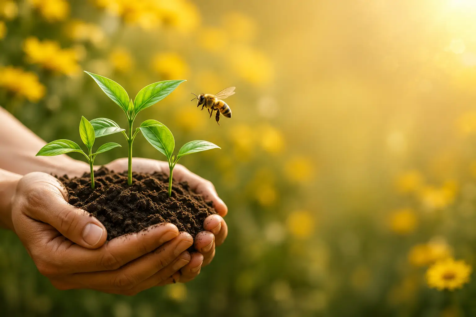 Young plants and a bee