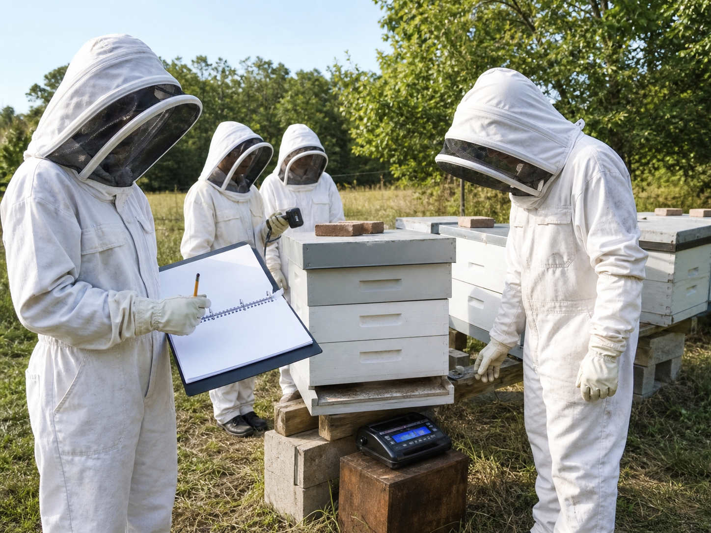 4-H members in full protective bee suits recording hive observations beside closed hive boxes