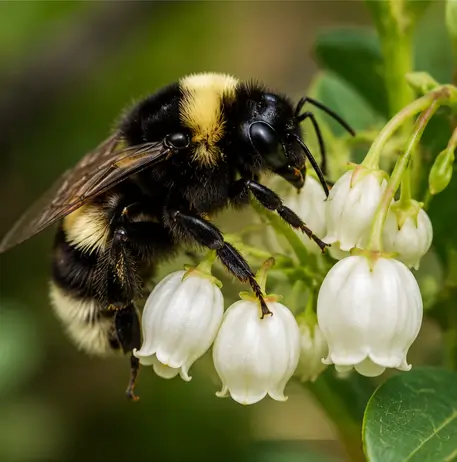 Close-up of a bumblebee on white lily-of-the-valley flowers, collecting nectar.