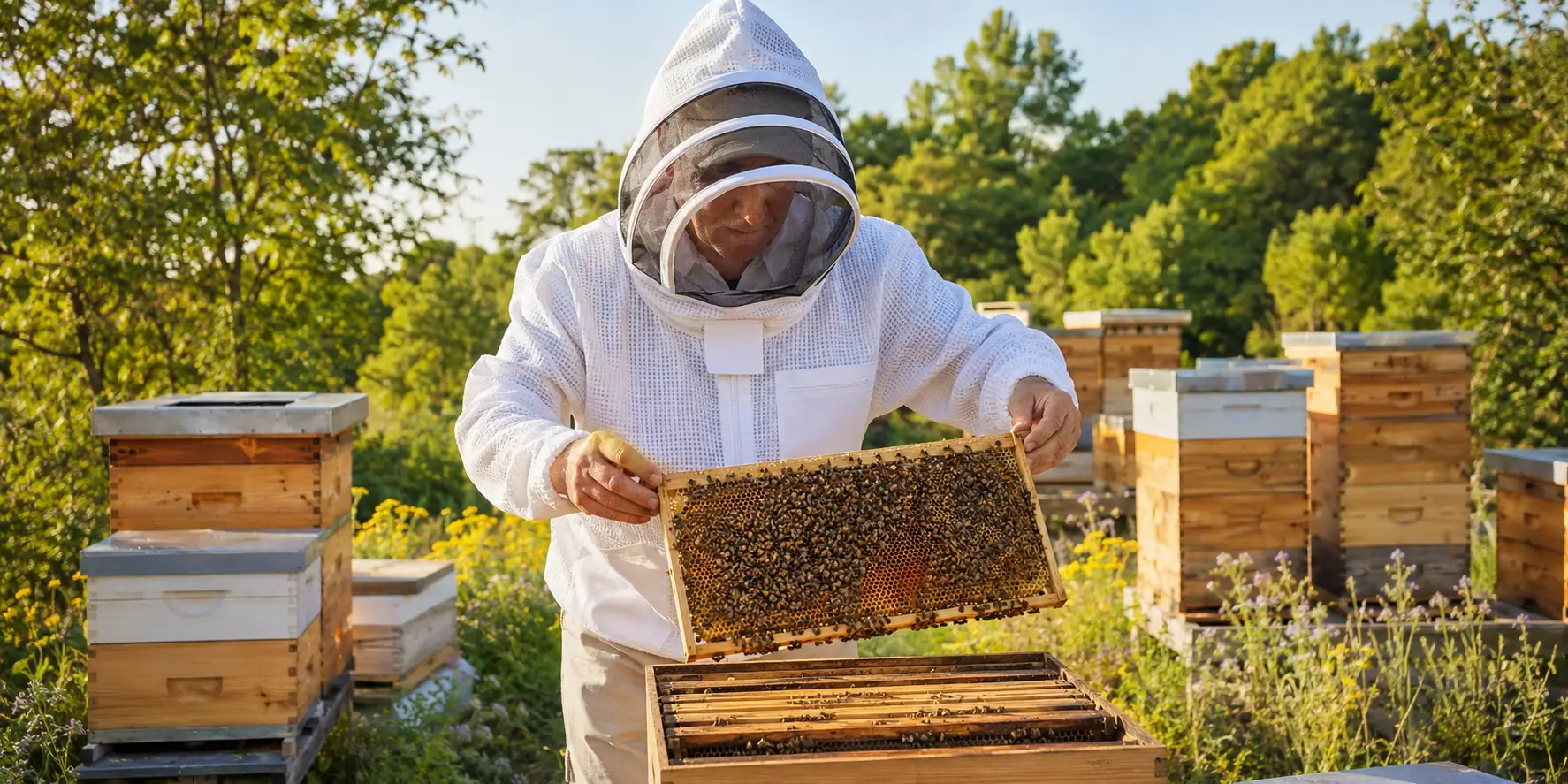 man inspecting bee hives