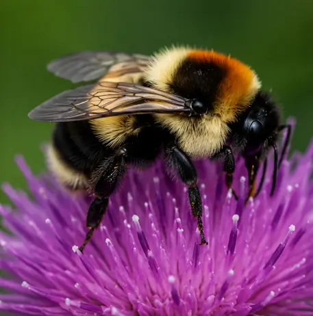 Close-up of a bumblebee gathering nectar on a purple thistle flower.