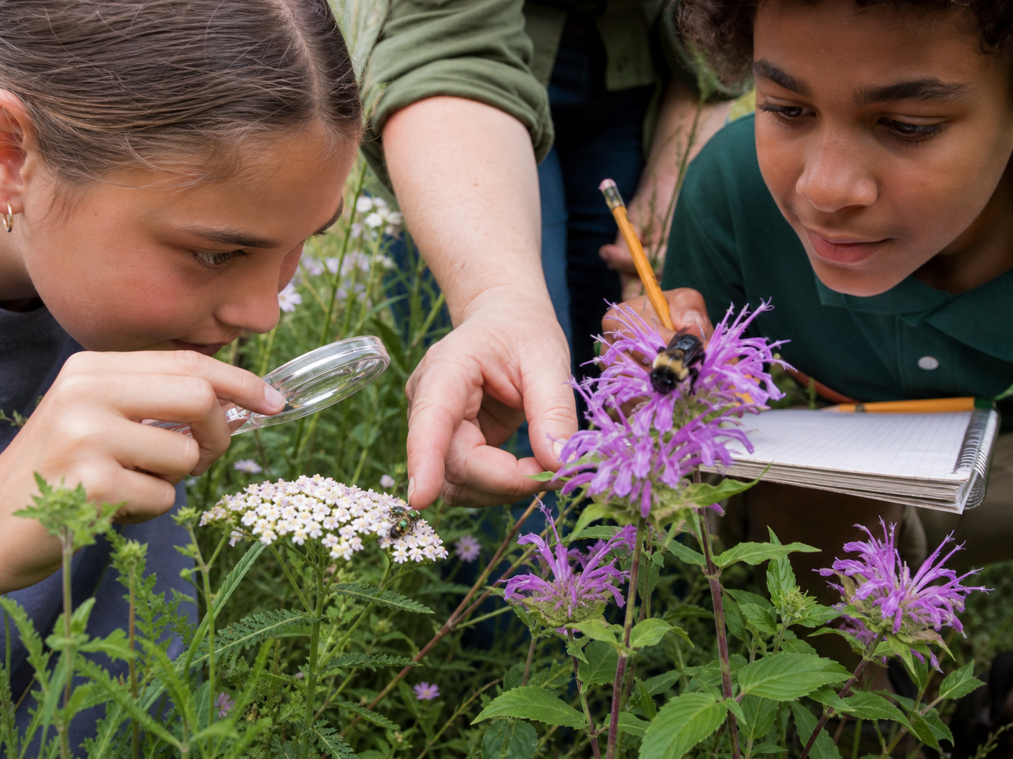 Students identifying bumble bees and sweat bees on native flowers