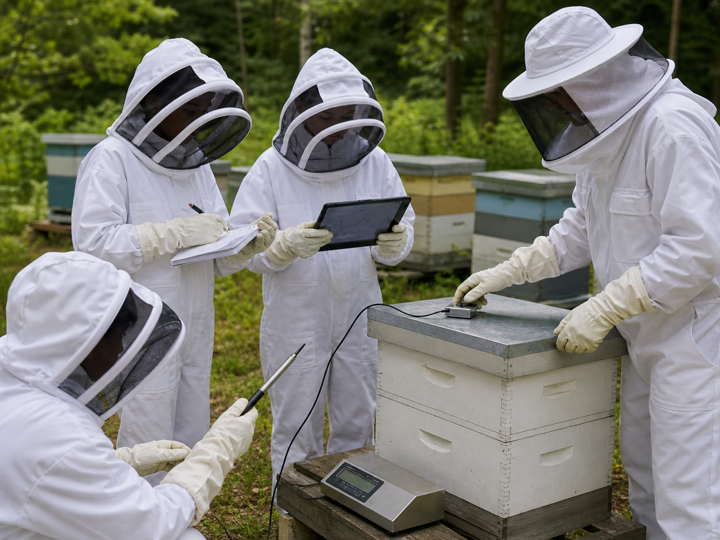 Students in full protective bee suits collecting hive sensor data with an instructor