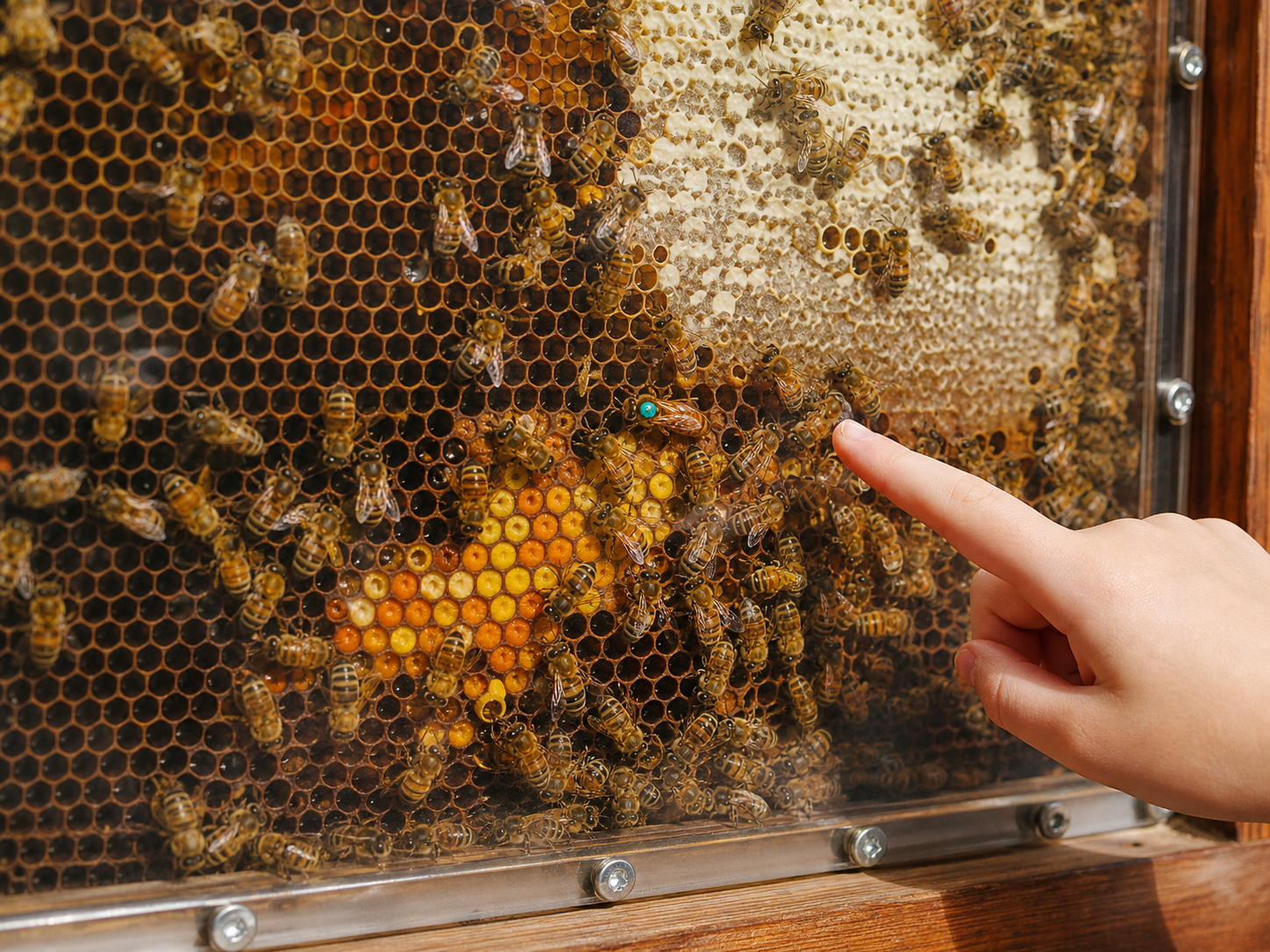 Student safely observing a marked queen and worker bees through sealed observation-hive glass