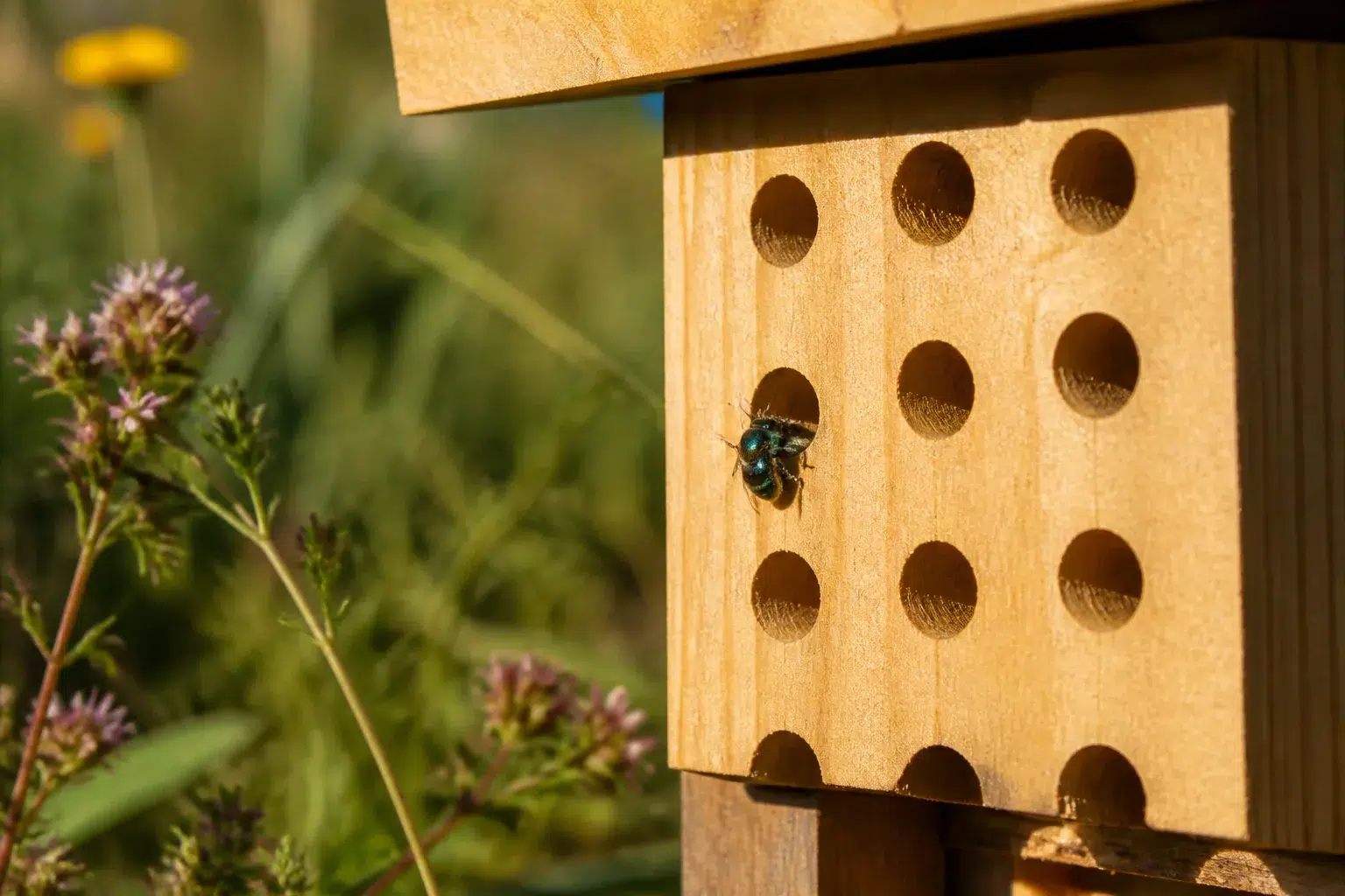 Native mason bee entering a wooden nesting block in a pollinator garden