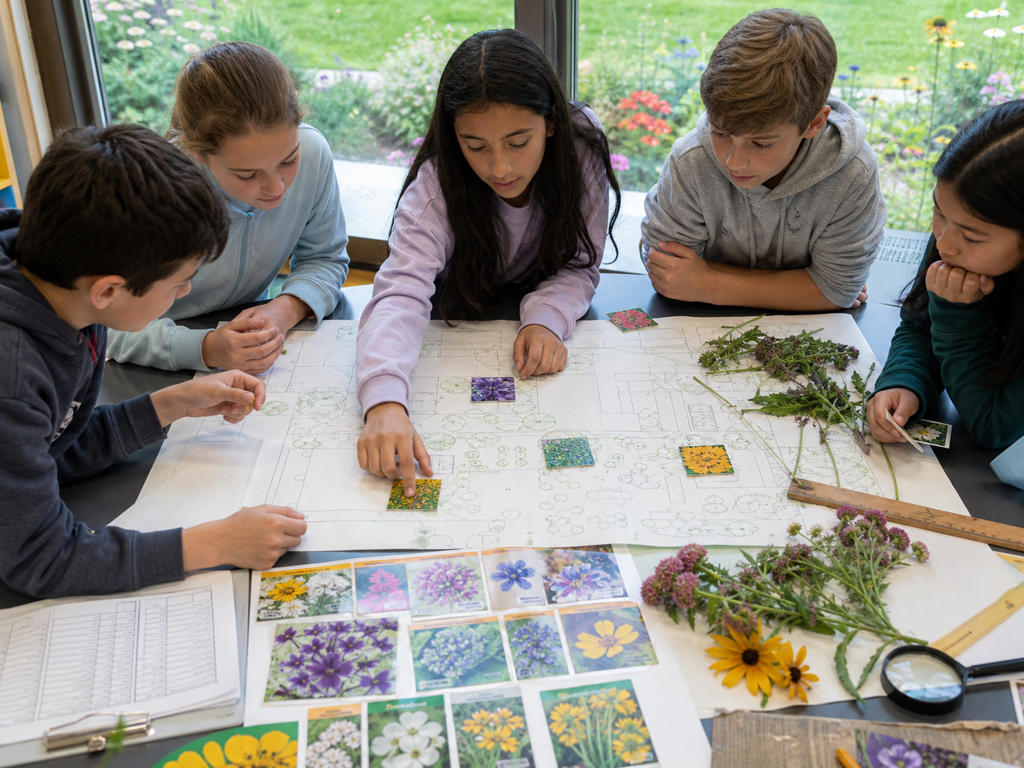 Students collaboratively mapping a native pollinator garden for their school