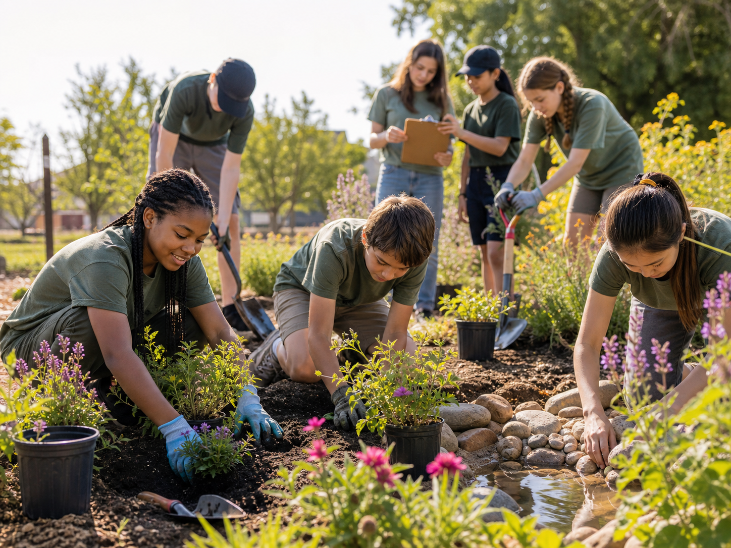 Scouts planting native pollinator habitat and building a safe bee water station