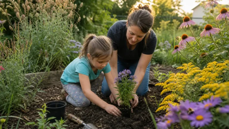 Padre e hijo plantando flores nativas en un jardín para polinizadores