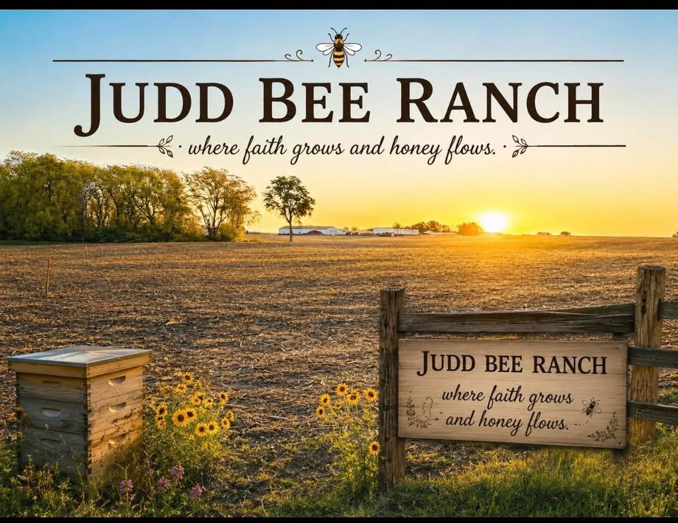 Judd Bee Ranch logo and farm scene