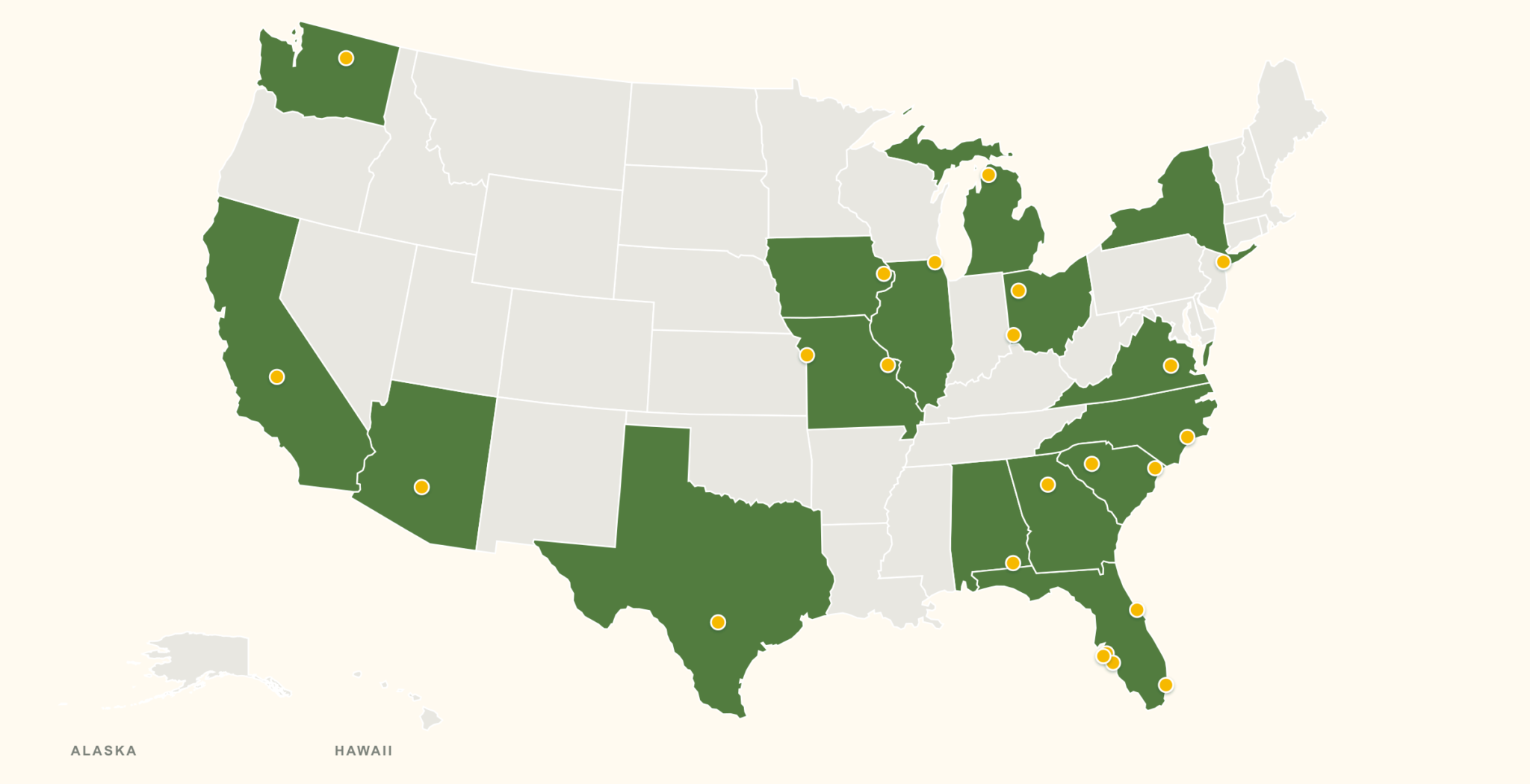 Map of 23 Pollinator Garden Grant cities across 16 states