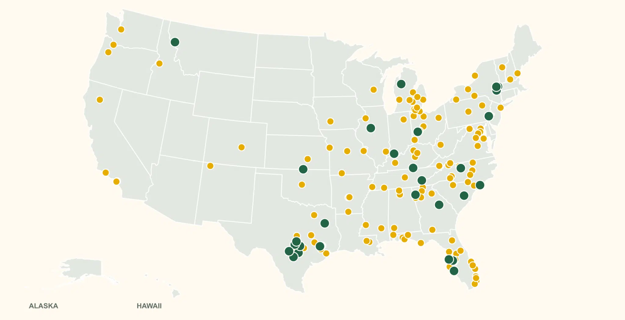 United States beekeeper location map with approved locations shown as green dots