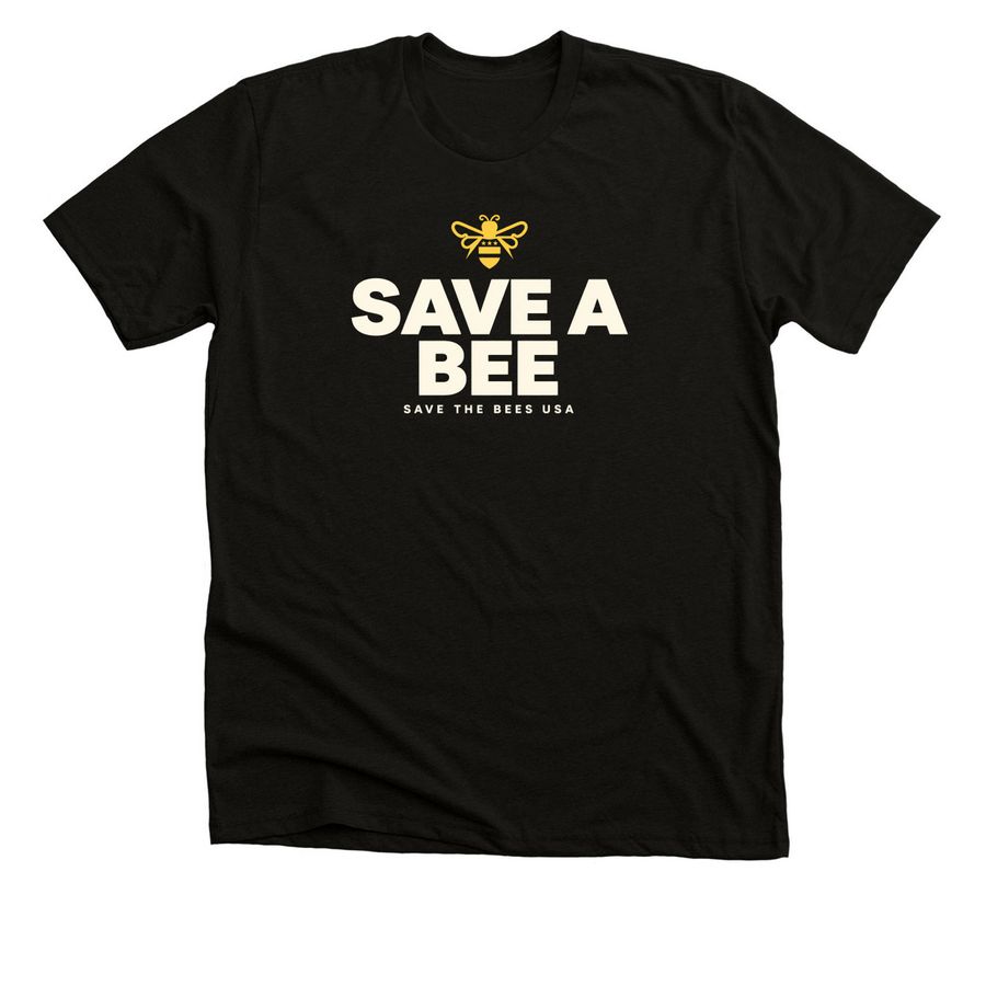 Black Heather SAVE A BEE T-shirt with a honey-gold bee and cream lettering