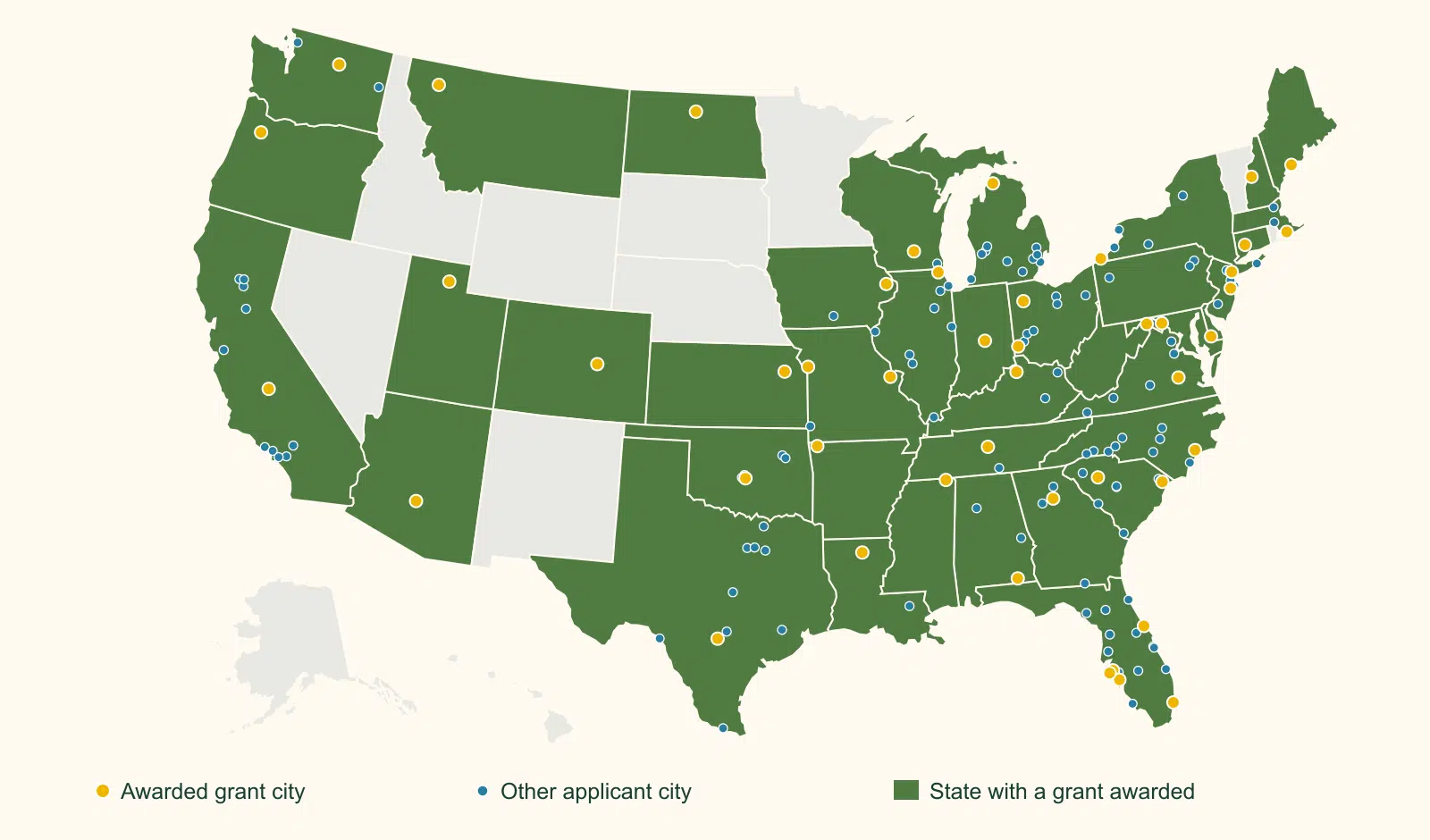 U.S. map showing 46 awarded Pollinator Garden Grants across 39 green states, with gold grant-city dots and blue dots for other applicant cities