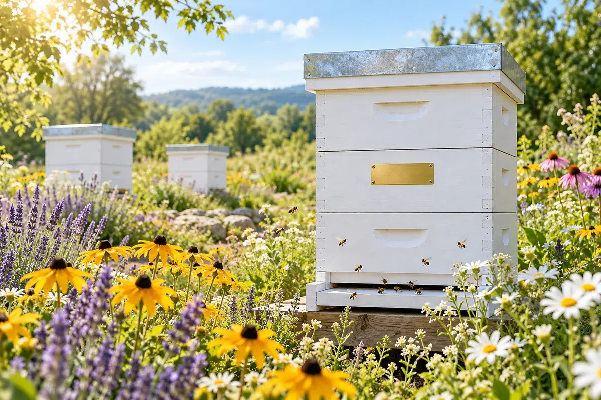 White box beehives in a sunny, flower-filled garden with a personalized gold nameplate